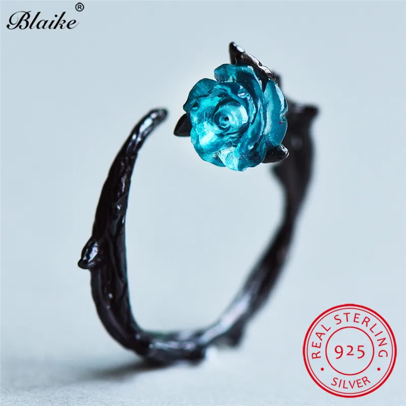 Blaike 925 кольцо из стерлингового серебра с голубым цветком розы кольца для женщин