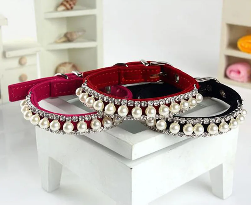 

200 pcs/lot Bling Pearl Pet Necklace Dog Collar Rhinestone Crystal Cat Collar Safety Diamond Necklace