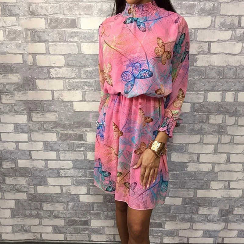 

Butterfly print chiffon dress Summer 2019 long sleeve pleated women dress Casual colorful print short sundress vestidos mujer