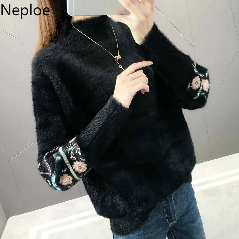 Neploe Korean Autumn Winter Loose Wild Knitted Sweaters Turtleneck Solid Flower Pullover Preppy Style Elegant Sweater 45515 | Женская