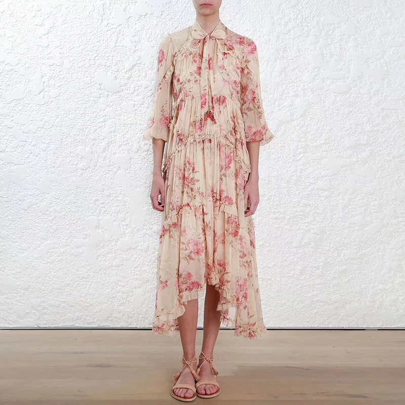 Шелк Цветочный принт Long Sleeve Tie Neck нерегулярные рюшами жабо Элегантное Длинное платье и подкладка-комбинация 2 предмета Комплект с кисточкой Красный