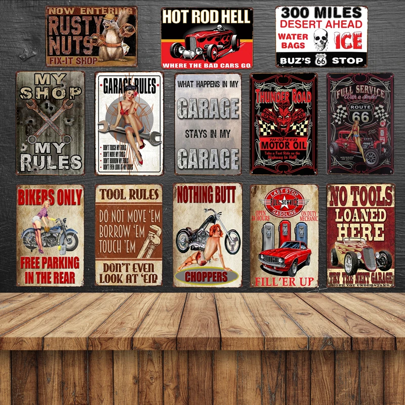 "Garage Rules" настенный Декор Hot Rod Hell металла плакат автомобиля байкеров моторное масло полный Услуги металлические знаки для магазина, гаража украшения YN186