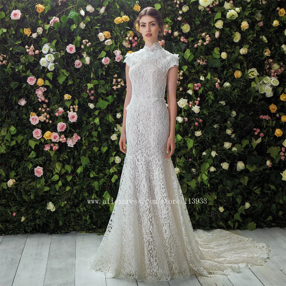 2017 Кружева Русалка Высоким Горлом Спинки одеяние де вечер vestido novia Cap Рукава Из