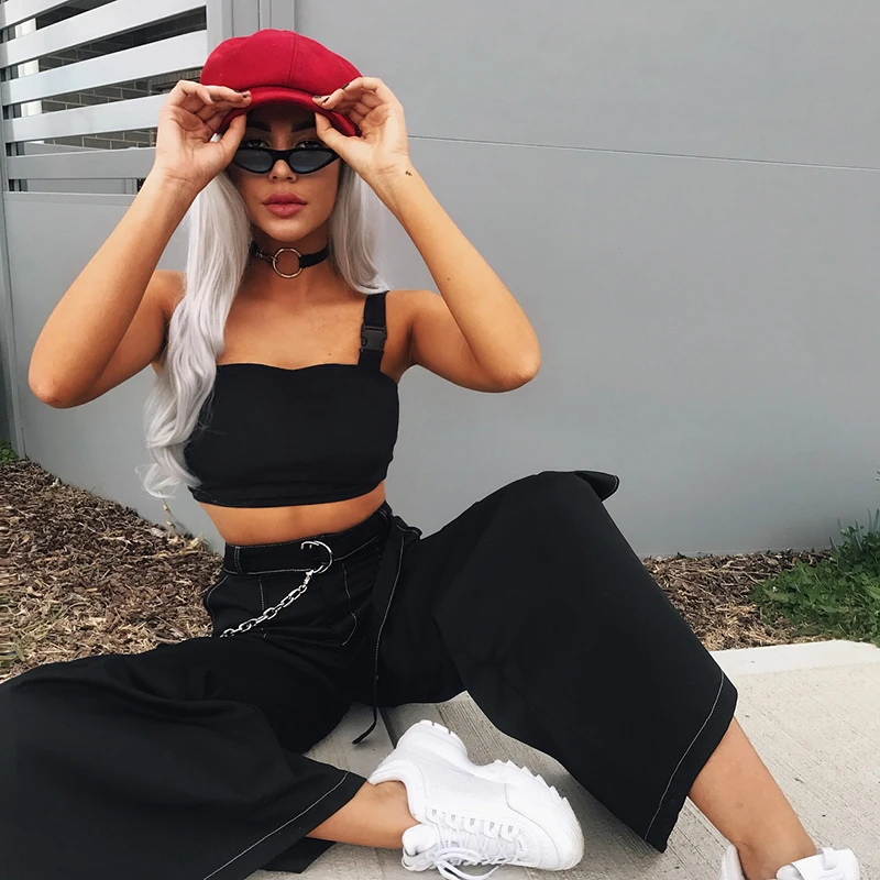 Harajuku Gothic Fashion 2019 Summer Black Buckle Women Vest Sleeveless Crop Tops Hip Hop Streetwear Sexy Short Cropped Tank Top |