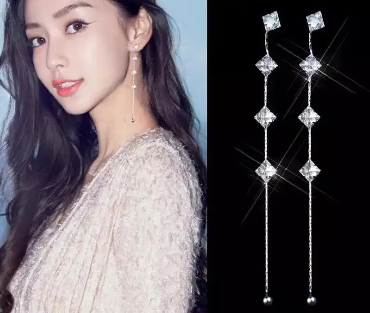 Потрясающие Длинные серьги капли белого золота Прозрачный квадратный