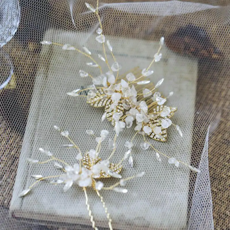 White Crystal Hair Comb Gold Leaves Bridal Accessories For Women Wedding Headpiece Jewelry | Украшения и аксессуары