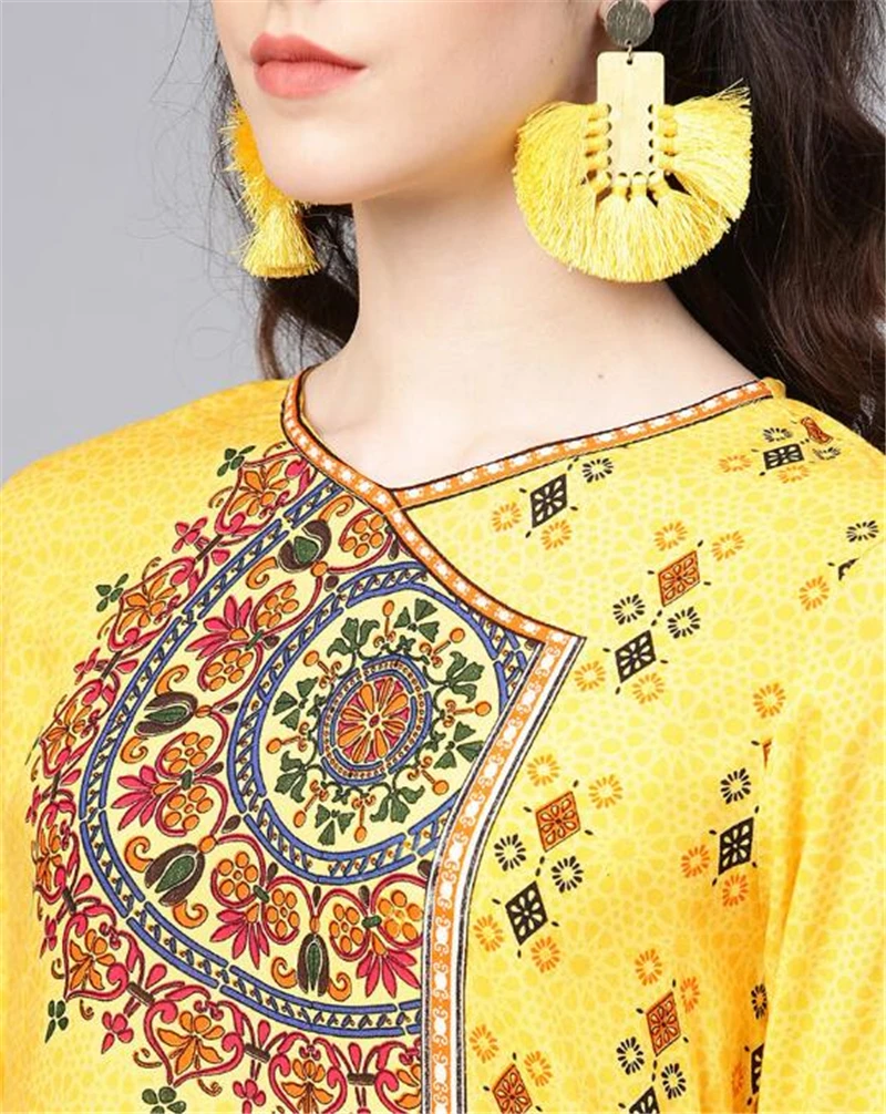 

Three Quarter Sleeve India Fashion Kurtas Costume Woman Ethnic Styles Print Set Cotton Yellow Elegent Lady Spring Summer Top