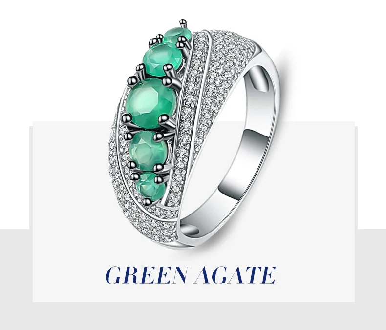 Gem's балетные женские элегантный подарок 1.22Ct круглый натуральный зеленый агат, натуральный камень винтажные кольца 925 пробы серебряные ювелирные изделия