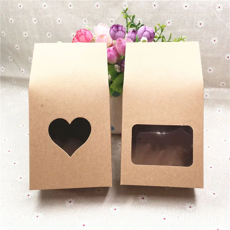 24pcs/Lot Solid Color White Brown Standing Kraft Paper Sealing Bags For Apple Chocolate Boxes With PVC Heart Square Window | Дом и сад