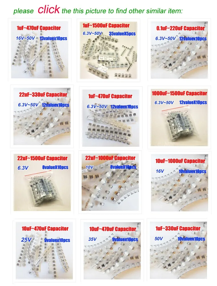 35valuesX5pcs = 175pcs SMD 6,3 V~ с алюминиевой крышкой, 50В 1 мкФ~ 1500 мкФ Алюминий электролитический набор различных конденсаторов пакет для компьютера материнская плата