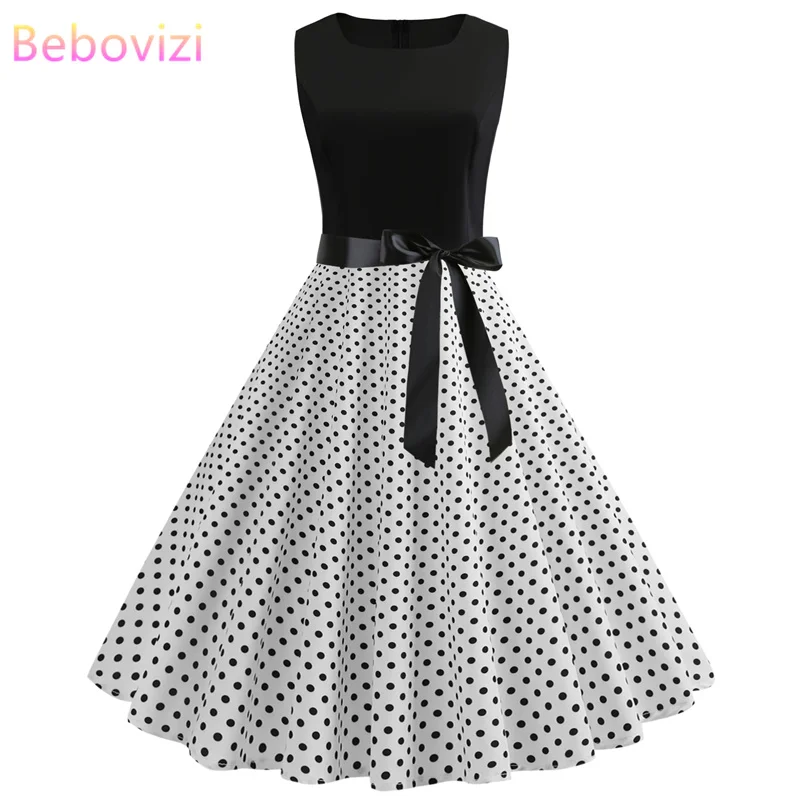 Bebovizi Women New 2019 Summer Black Patchwork Vintage Dresses Dot Print Casual Office Elegant Plus Size Party Bandage Dress | Женская