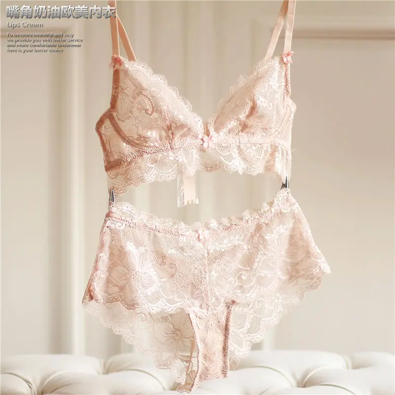

Fashion lace sexy ultra-thin underwear side gathering young girl comfortable soft and luxury big small transparent bra set