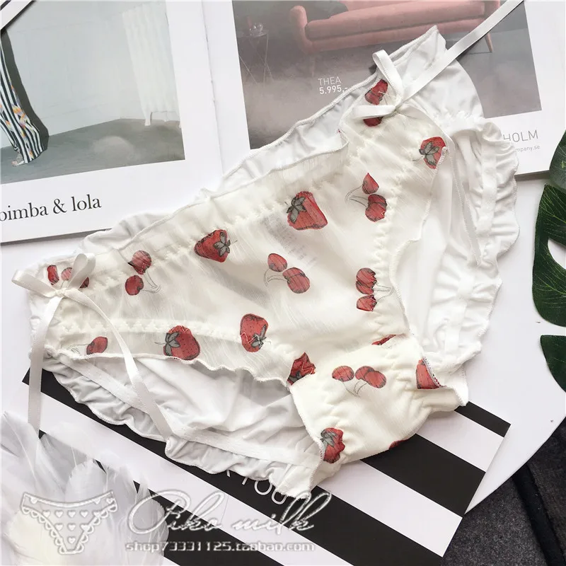 white-strawberry SP& CITY Японские Женские Трусики с милым фруктовым принтом, хлопковое нижнее белье с рюшами и бантом, бесшовные сексуальные трусы, нижнее белье Танга для девочек - Цвет: white-strawberry