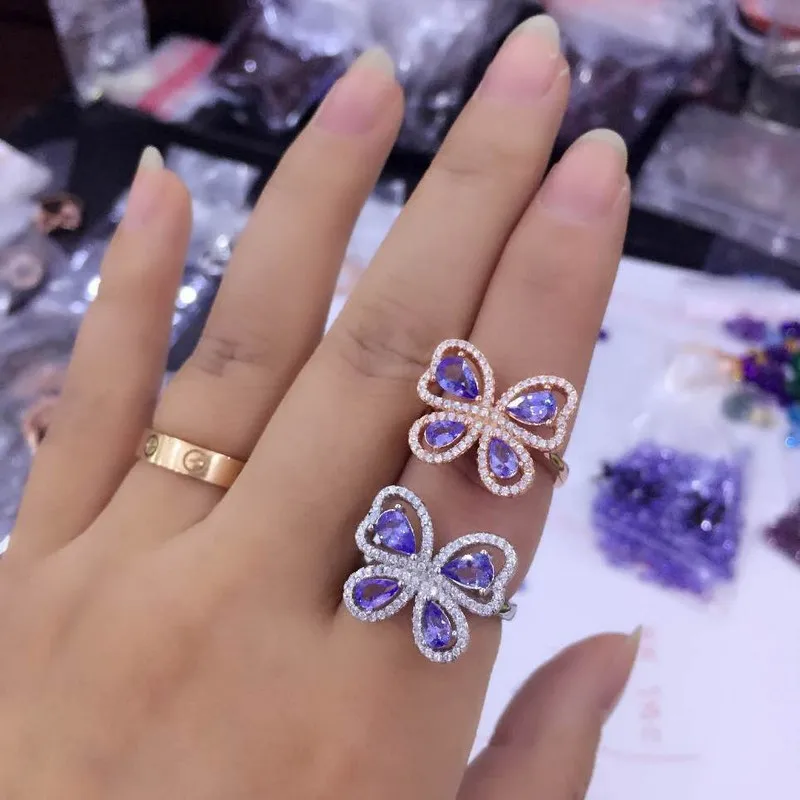 Кольцо с бабочкой из серебра 100% пробы натуральным танзанитом|natural tanzanite ring|natural