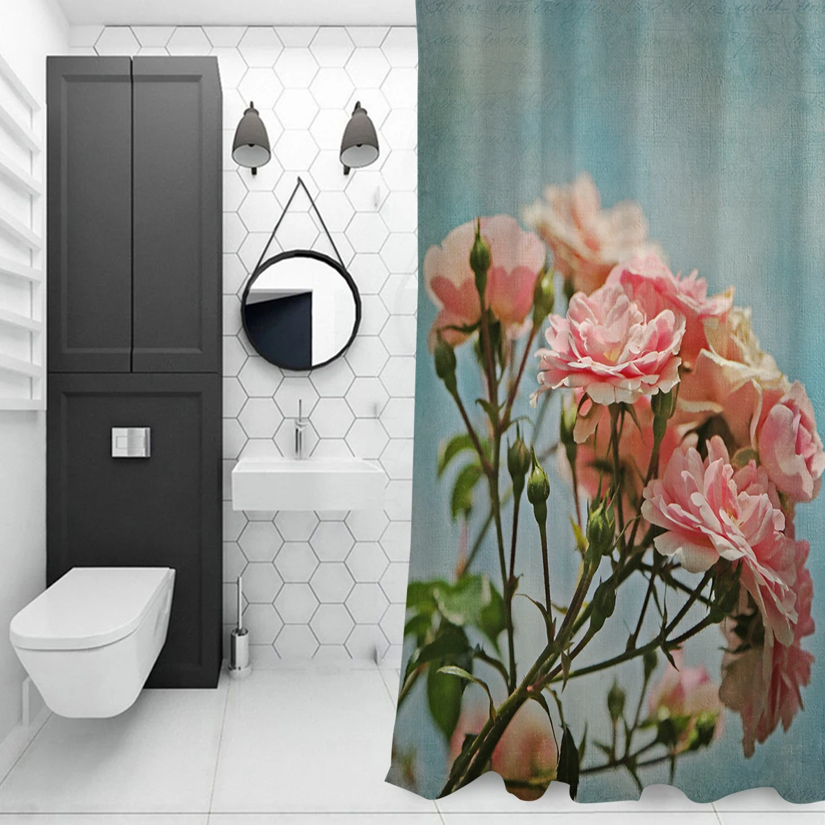 Винтажная розовая роза в пастельном синем небе очень длинная ткань для ванной