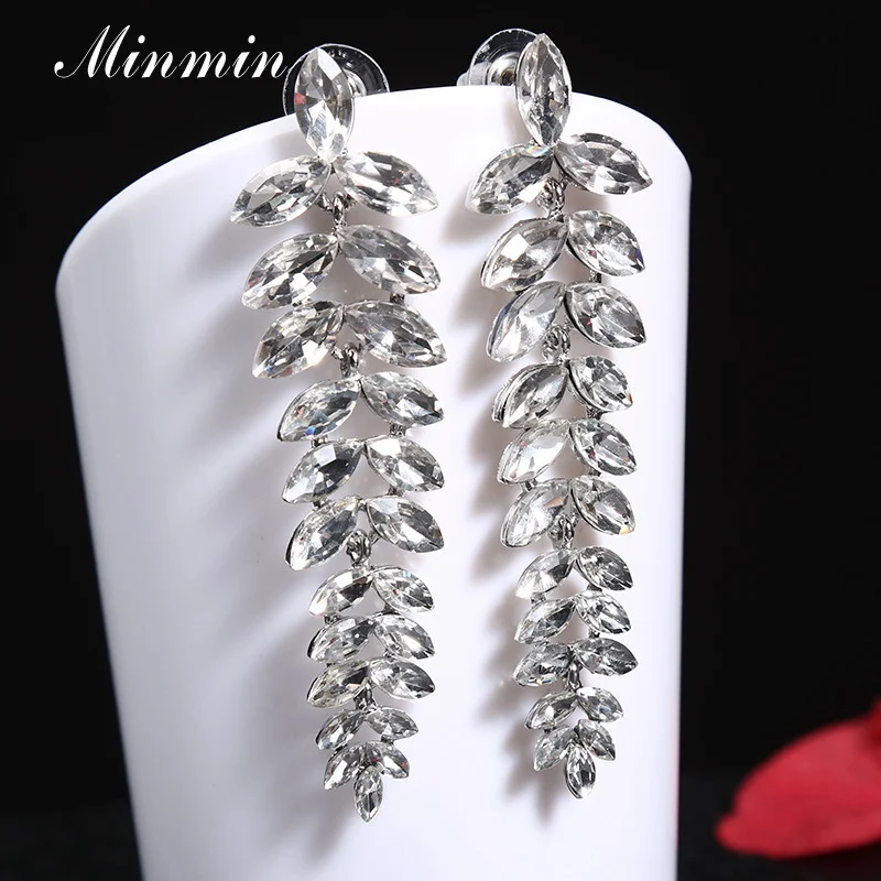 Silver Minmin дизайн в форме листа блестящие хрустальные длинные висячие серьги для женщин модные свадебные украшения для невест MEH1579 - Окраска металла: Silver
