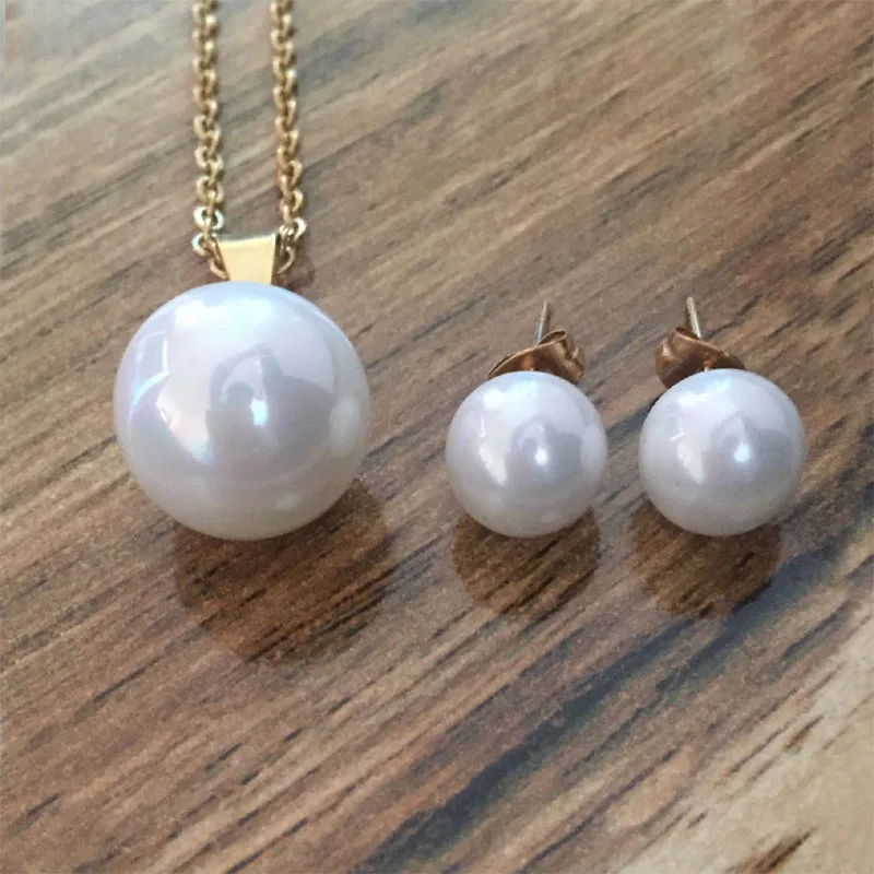 Gold Color Jewelry Sets For Women Simulated Pearl Earring With Pendant Stainless Steel Wedding Set | Украшения и аксессуары