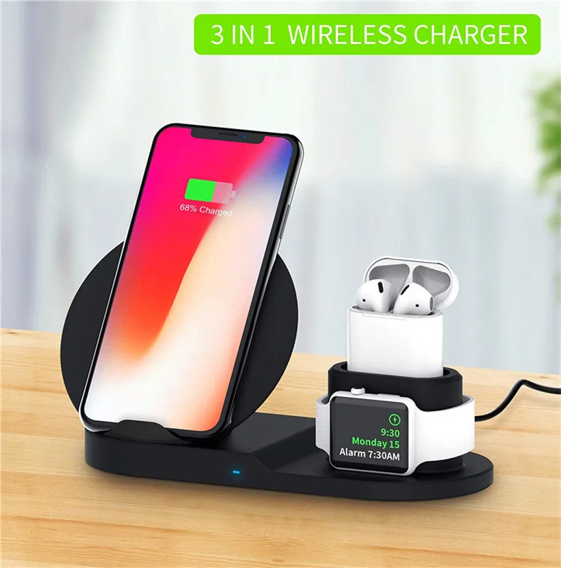 3 в 1 Беспроводная подставка для зарядного устройства для iPhone X Max XR iWatch 3 4 AirPod 10 Вт Qi быстрый беспроводной зарядный блок для samsung Galaxy S10