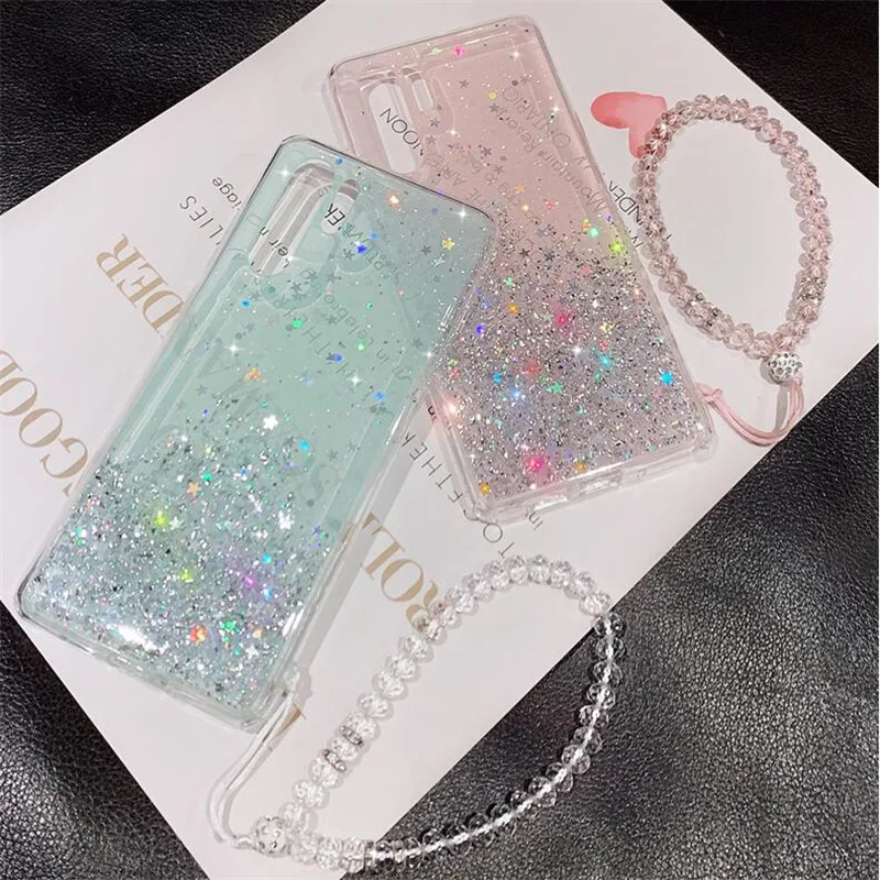 Sequins Glitter Bling Phone Case For Huawei P30 Pro P20 Lite Mate 20 10 Honor 9 Soft Clear Cases With Pearl Lanyard |