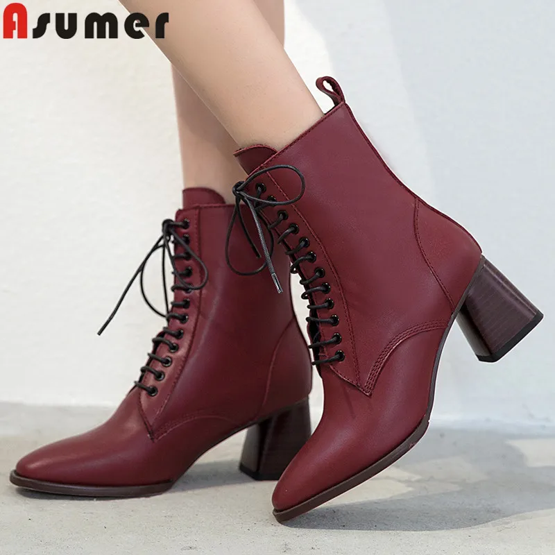 ASUMER/Новые модные ботинки осень зима женские из натуральной кожи на шнуровке с