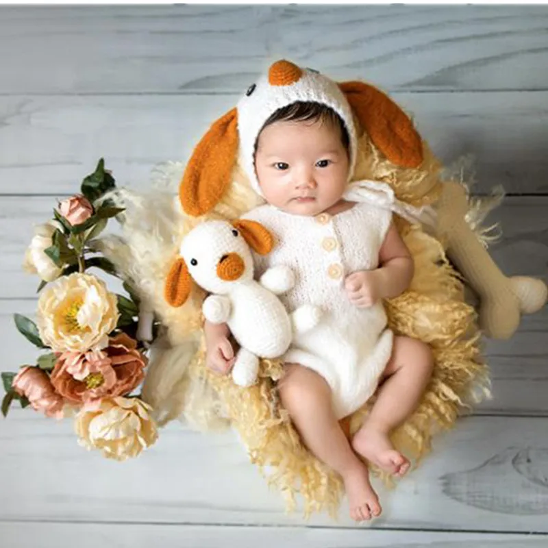 Crochet Knitting Animal Dog Cap +Costumes+Doll +Bones 4 pcs Set Newborn Baby Photography Props Studio Shoot Fotografia | Детская одежда