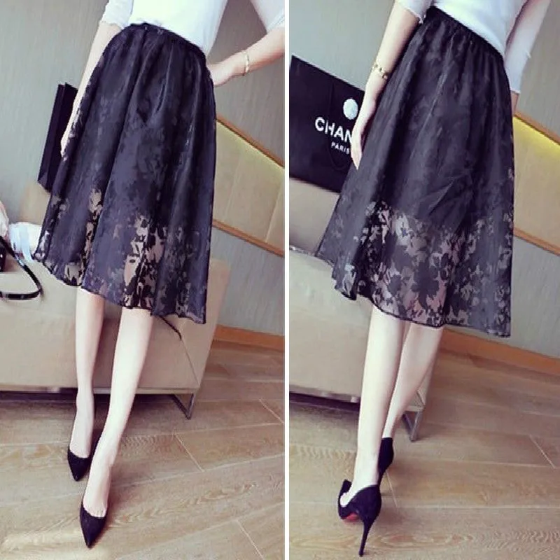 

New Women Double Layer Lace Pleated Knee-Length Skirt Elastic Waist Skirt