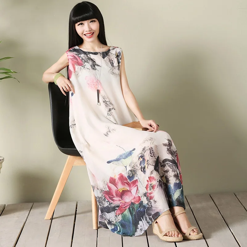 2018 Модное шифоновое платье без рукавов с круглым вырезом и принтом для женщин