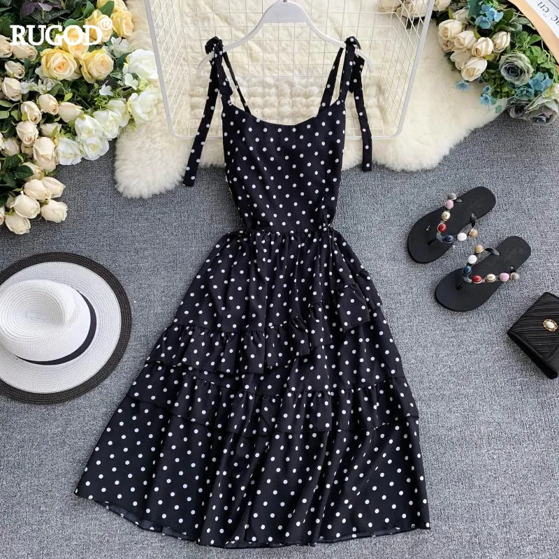 RUGOD Women Polka Dot Print Ruffle Dress 2019 Summer Spaghetti Strap Irregular Midi Preppy Style Korean Lady Vestido | Женская одежда
