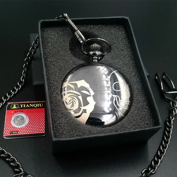 Элегантные Мужские кварцевые карманные часы с черным черепом розы цепочкой