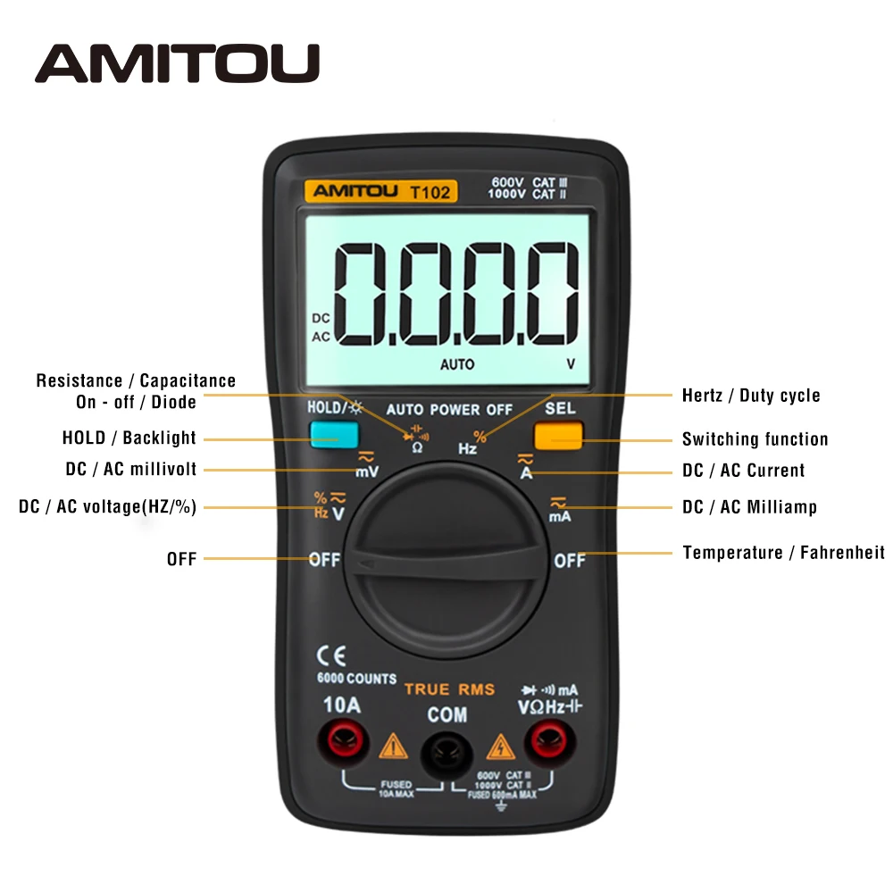 AMITOU T102 Профессиональный цифровой мультиметр True RMS 6000 отсчетов подсветка AC/DC Амперметр Вольтметр тест er+ набор тестовых проводов