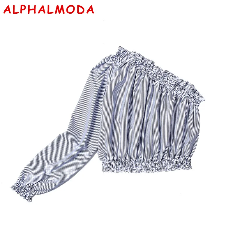 

ALPHALMODA 2018 Spring Skew Collar Single-sleeved Women Sexy Cropped Blouses Shirts High Street Fashion Girls Casual Crop Tops