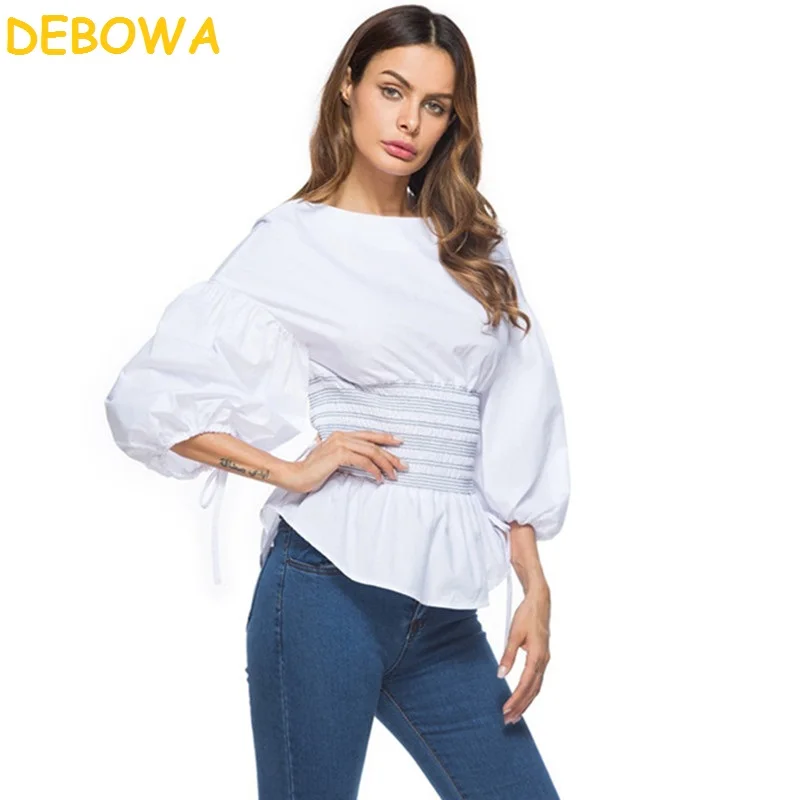 Debowa 2018 Новая мода осень Для женщин блузки хлопковая белая рубашка шнурок Молния