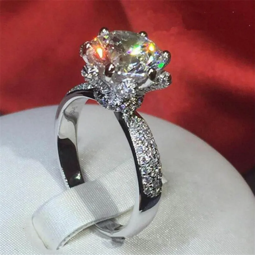 Роскошные 2ct обручальное кольцо с искусственным бриллиантом кольцо, ювелирное изделие, подарок цветочный дизайнерский парадный стол с Серебро 925 пробы свадебные кольца для Для женщин
