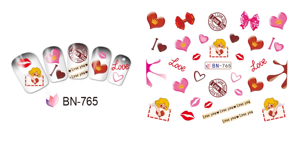 UPRETTEGO 12 упак./лот переводка NAIL ART Наклейки для ногтей на День святого Валентина свадьбы Kiss Bear сладкое сердце чашка любовь BN757-768
