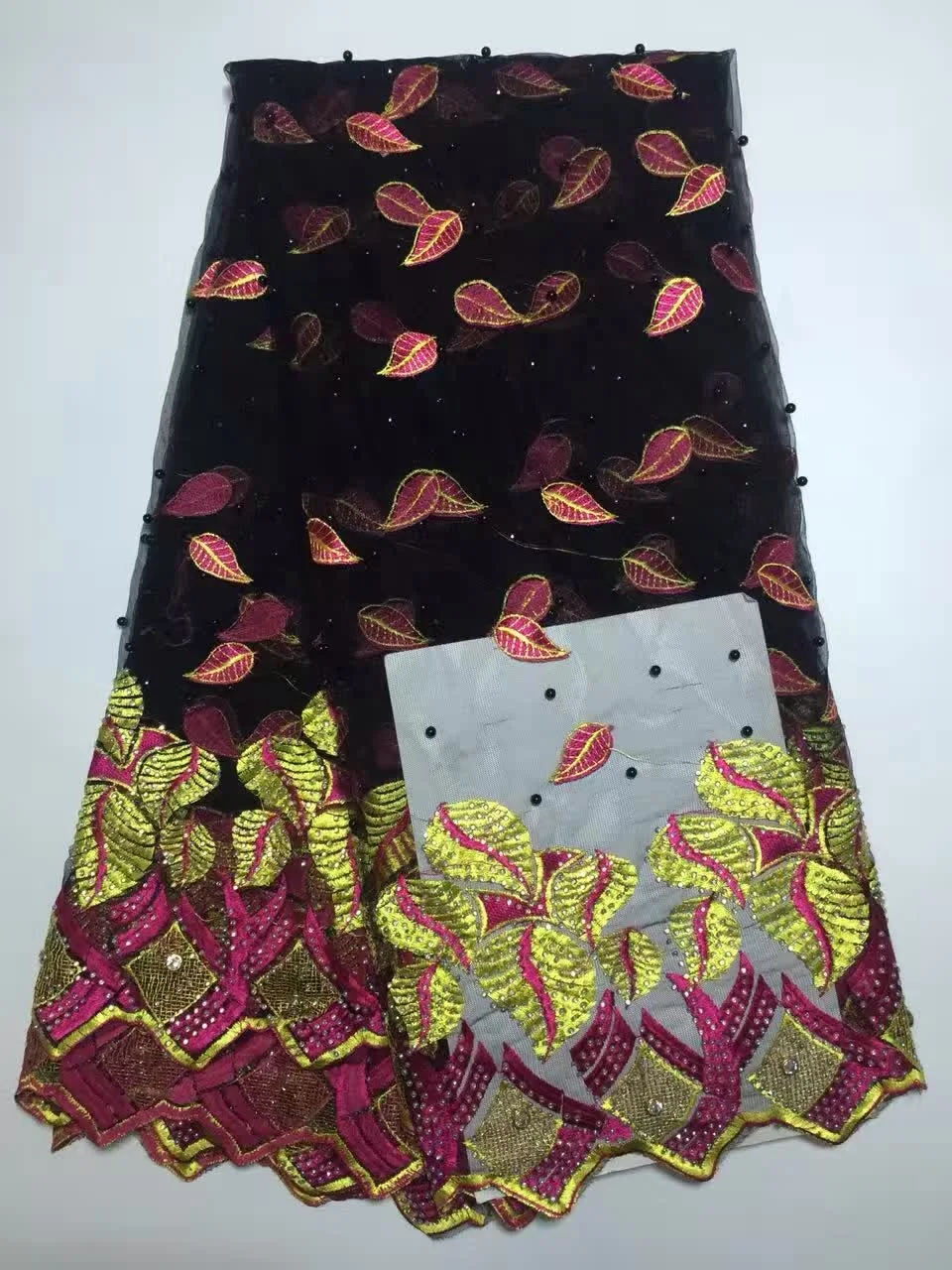

French Net Lace Fabric 2017 Latest african guipure lace fabric with stones mesh tulle fabric High Quality Leaf Colored K-D1083