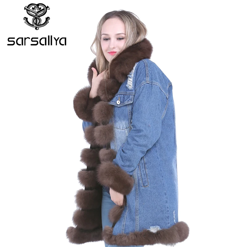 Sarsallya новые модные натуральным лисьим мехом джинсовая куртка женская Лиса Мех