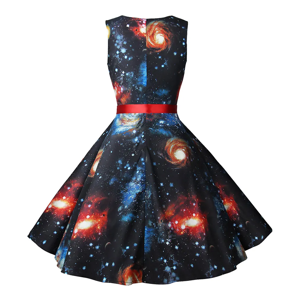 Summer Dress Women New Planet Print Vintage With Belt Sleeveless Elegant Lace Party Retro 50s 60s Country Dresses Sundress | Женская