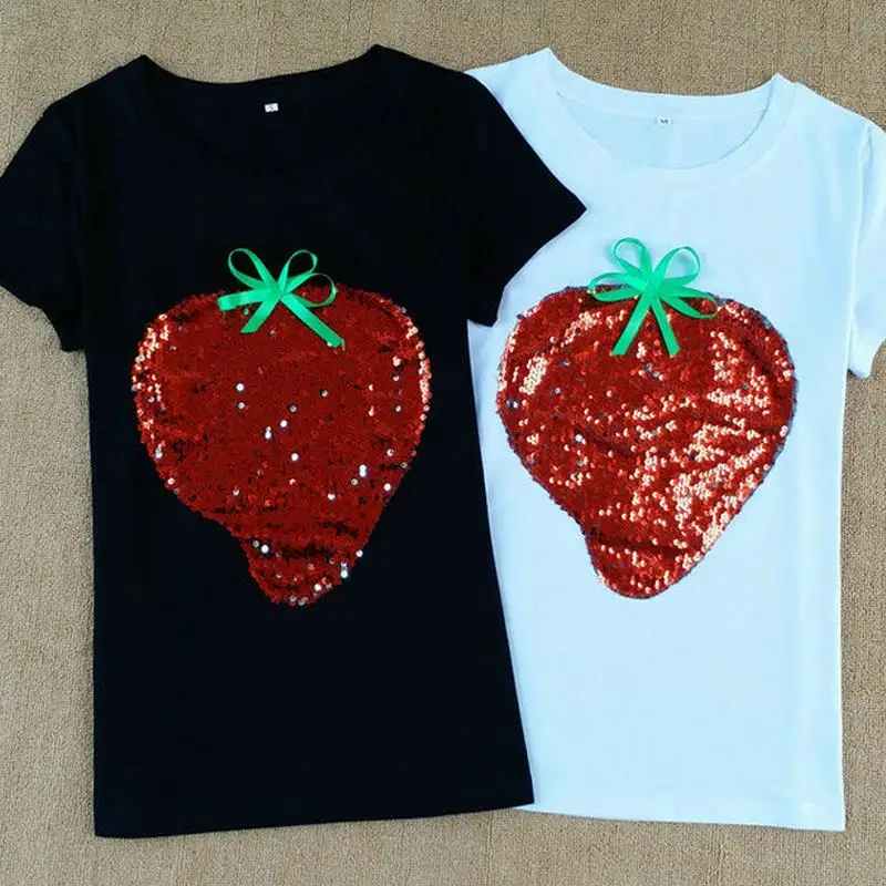 Новинка Футболка с вышивкой блестками и коротким рукавом Женские топы camisetas mujer |