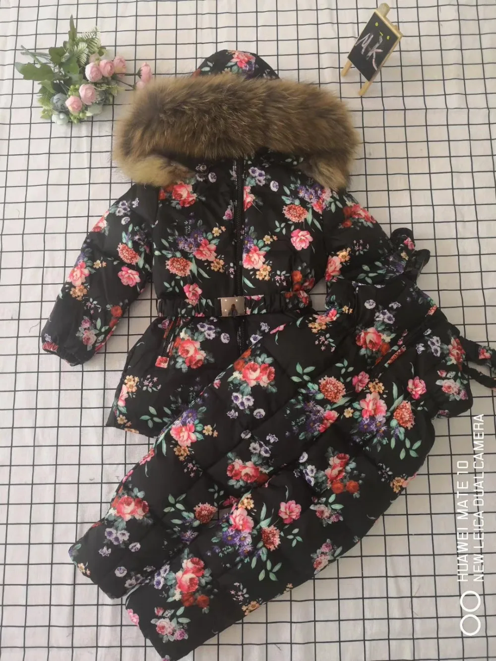 Real raccoon fur winter jacket child suit jacket+pant twinset boy& girl ski suits children down jacket outerwear parka