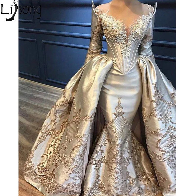 

Платья-русалки для выпускного вечера, кружевное платье с длинным рукавом, со съемным шлейфом, аппликация бисером