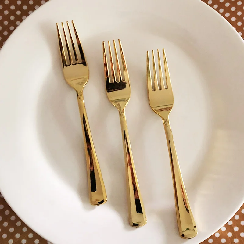 Shape A Forks Блестящая золотая посуда пластиковая одноразовая набор вилки, ножи, ложки сверхмощный пластиковый набор столовых приборов свадебные принадлежности - Цвет: Shape A Forks