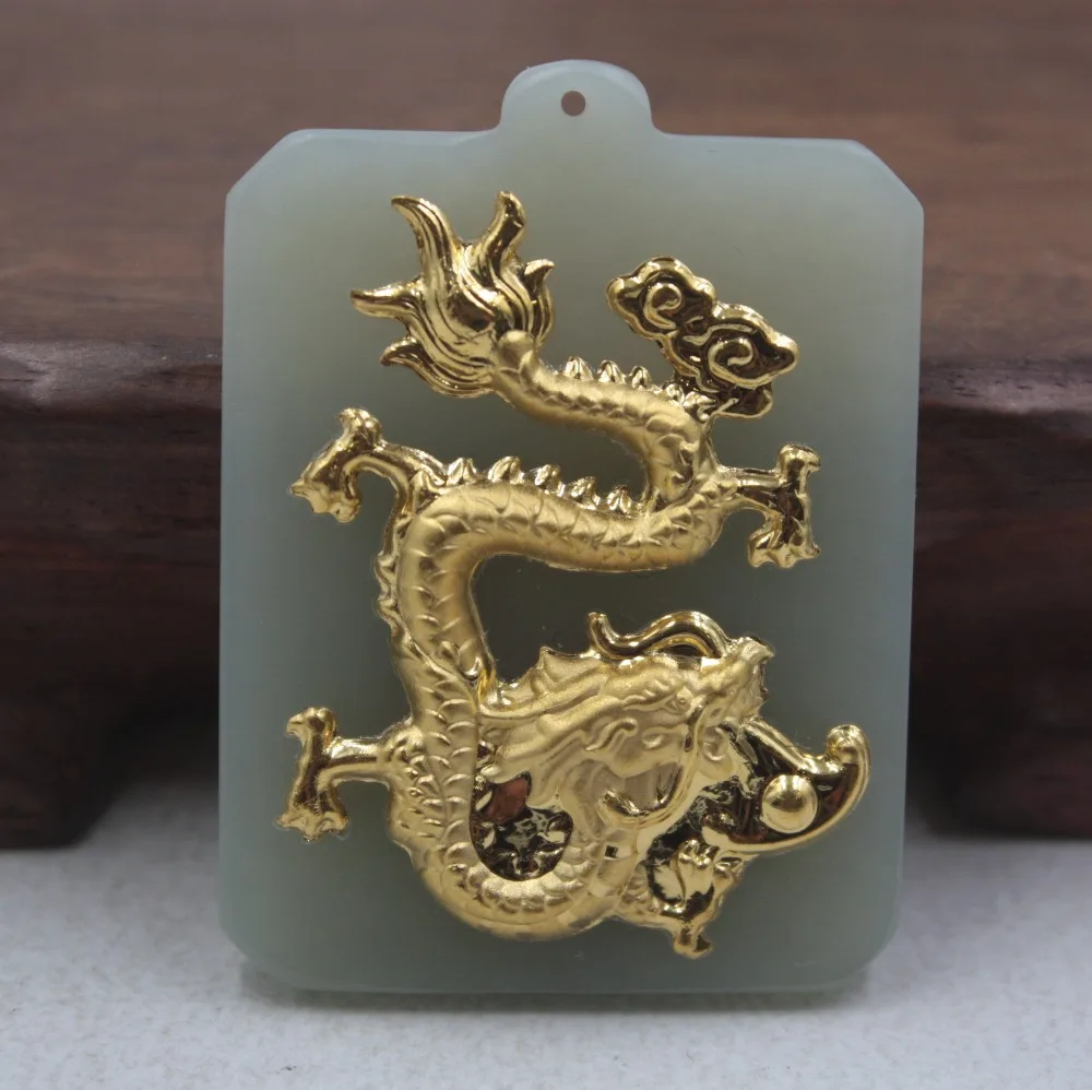 

Fine 3D 24K Yellow Gold &Hetian Jade Pendant Dragon Card Pattern 47*34mm Fashion For Women Man