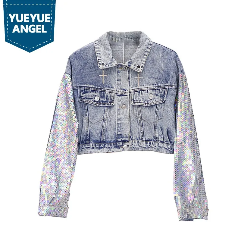

Spring New Fashion Sleeve Sequins spliced Denim Short Female Jean Coat Stand Collar Singgle Breasted Top Quality Boyfriend Blue