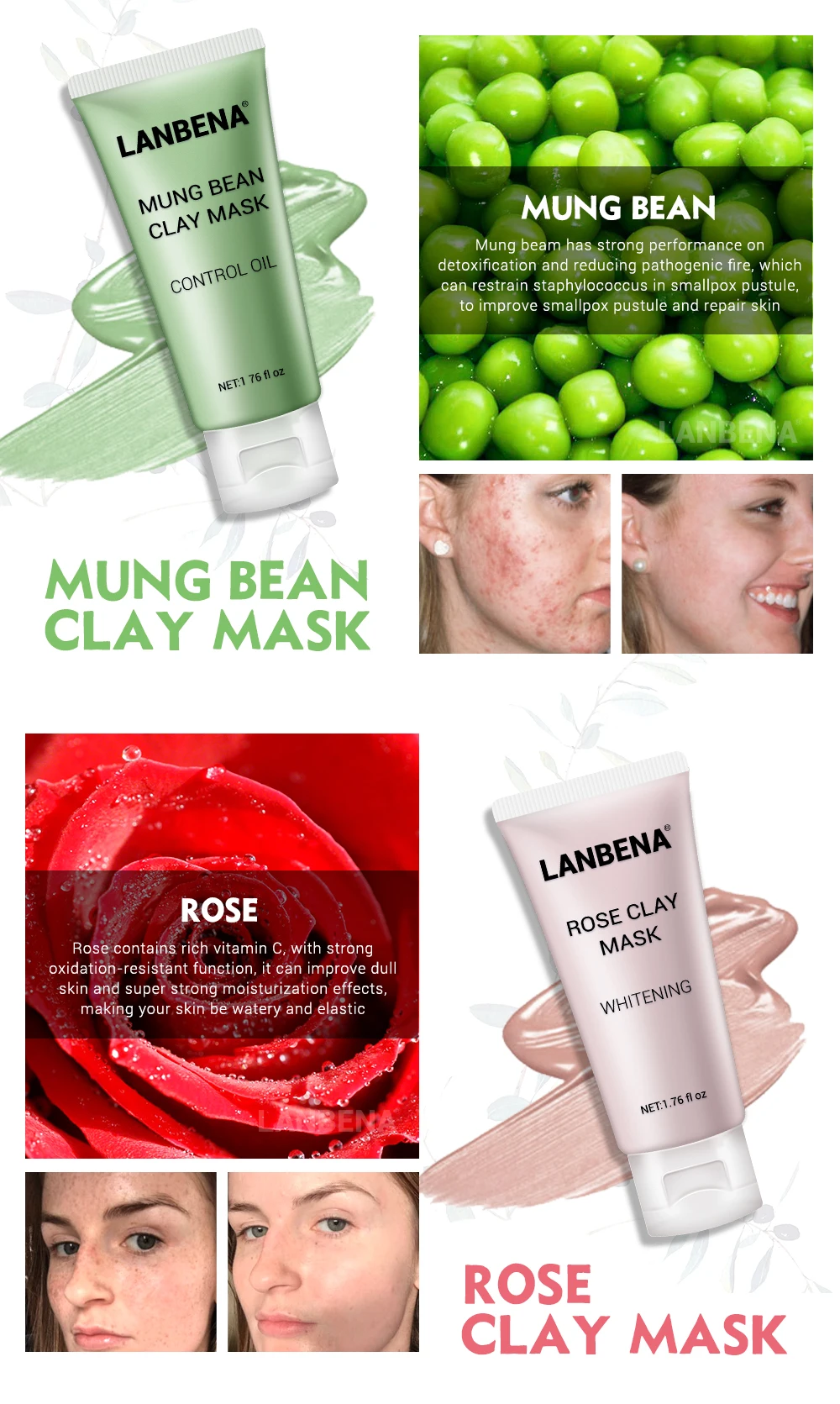 LANBENA маска для лица Mung Bean глина маска для лица+ бамбуковый уголь+ черника+ Роза Глубокая очистка удаляет жир нестареющие усадки уход за поры кожи 4 шт