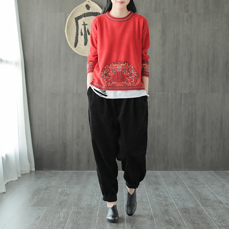 Spring Autumn Retro Women Loose Knitting Tops New O-Neck Long-sleeved Print Blended Casual Ladies Sweater 2019 | Женская одежда