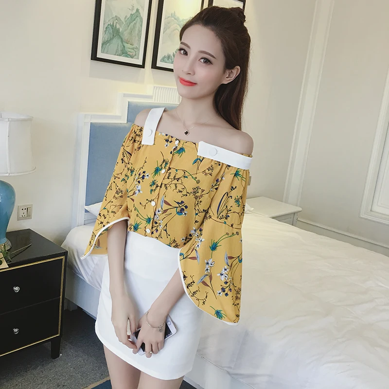 yellow Женская блузка, тонкая юбка, комплект одежды, Летний дизайн, юбка, костюм с открытыми плечами, цветочный шифон, комплект из двух предметов, корейский стиль - Цвет: yellow