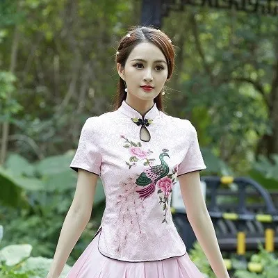 pink tops Sheng Coco, женские топы с вышивкой Феникса, китайские модифицированные рубашки Cheongsam, топы, летние жаккардовые хлопковые литературные Рубашки, Топы синего цвета - Цвет: pink tops