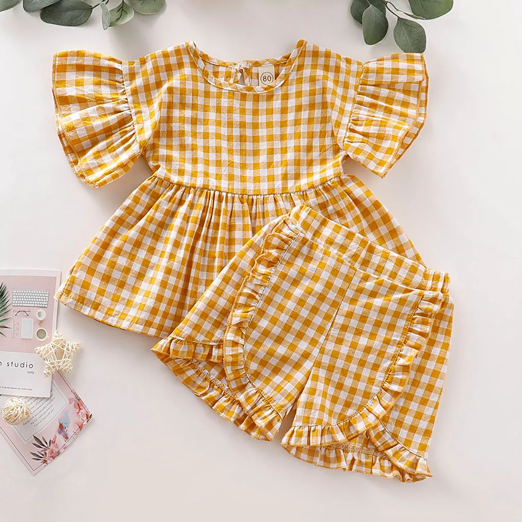 Одежда для маленьких девочек клетчатые шорты с оборками комплекты одежды из 2