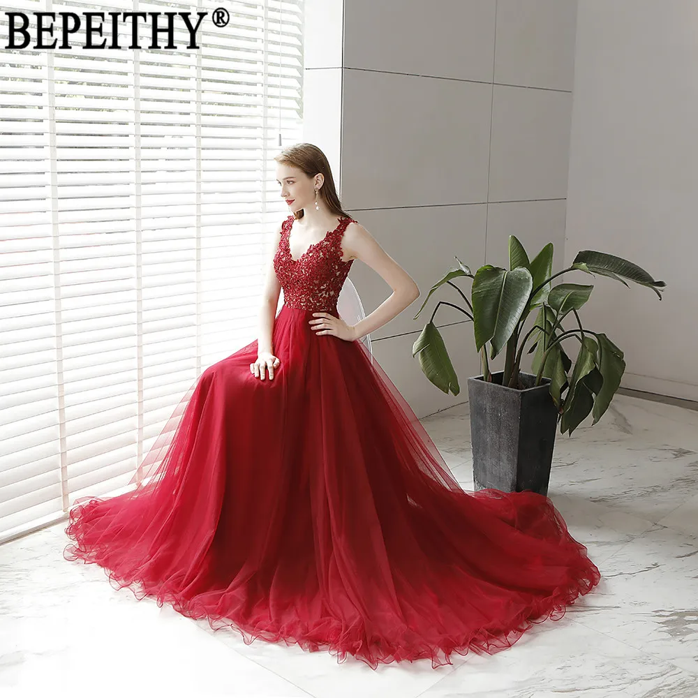 BEPEITHY, Vestidos De Gala Largos, Новое поступление, торжественное платье, бордовое, тюль, v-образный вырез, аппликация, бисер, Длинные вечерние платья