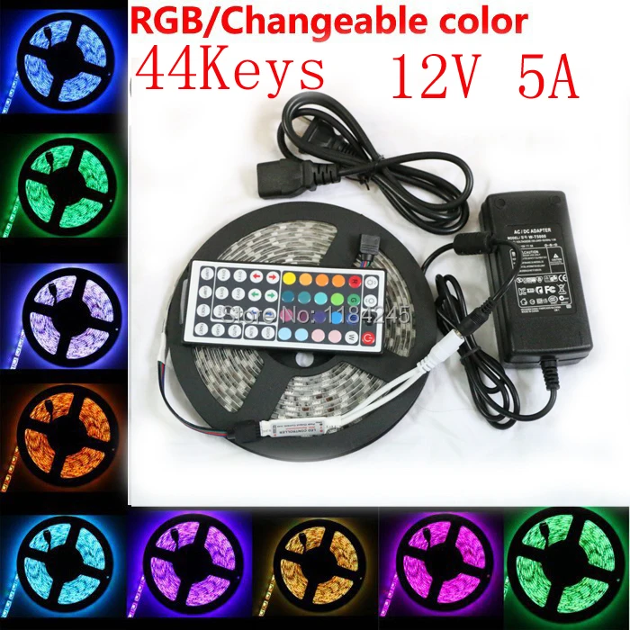 

5M RGB Led Strip 5050 Waterproof 60LED/M DC12V LED Strip Light 300 LEDs+mini 44 Keys Remote Controller+12V 5A Power Adapter